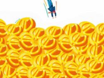 Ilustración que muestra a una persona tirándose a una montaña de dinero