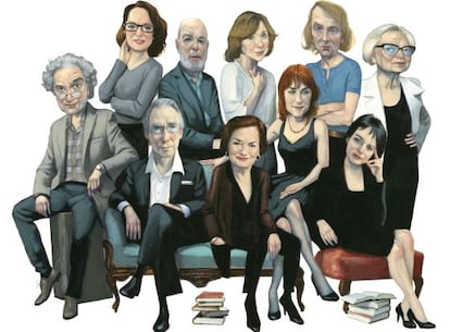 De izquierda a derecha: Ricardo Piglia, Marta Sanz, Jaime Gil de Biedma, Svetlana Alexiévich, Michel Houellebecq e Inger Christensen; delante, Ian McEwan, Élisabeth Roudinesco, Sara Mesa y Chantal Maillard.