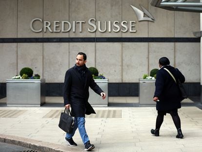 Oficina de Credit Suisse en Canary Wharf, Londres, este lunes.