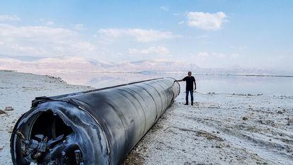 The remains of a ballistic missile found on the Dead Sea coast after Iran's attack on Israel on April 13.