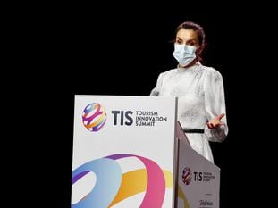 La reina Letizia, el pasado  miércoles, durante su discurso de inauguración de la Tourism Innovation Summit 2020, en Sevilla.