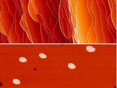 Una superficie metálica cristalina convencional, de 0,5 micras, con numerosas irregularidades (arriba) y otra del mismo tamaño del espejo metálico perfecto creado por científicos de la Universidad Autónoma de Madrid, estabilizado mediante el efecto llamado de pozo cuántico.