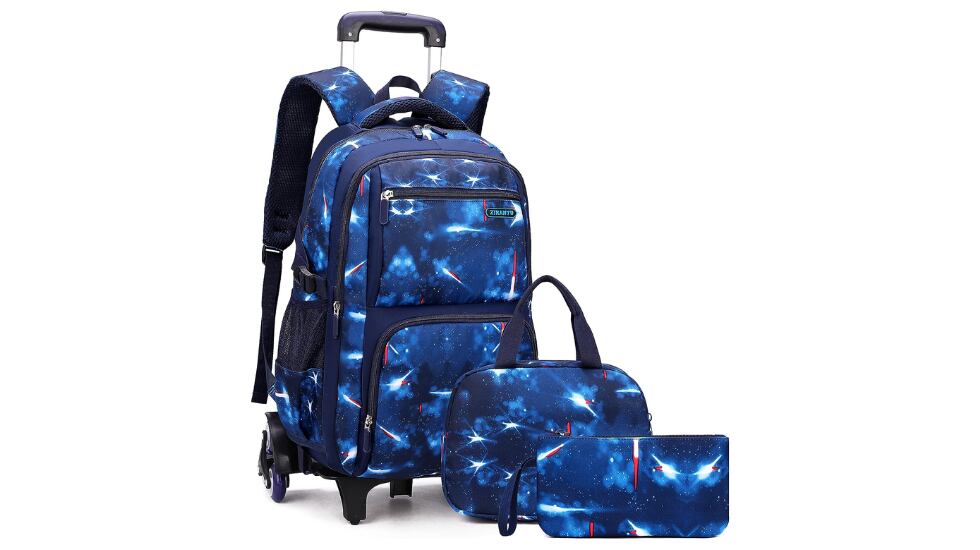 Lote 3 en 1 con mochila escolar de ruedas disponible con varios estampados del espacio en distintos colores