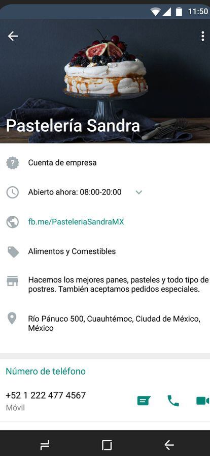 Cuenta de WhatsApp Business de una pastelería mexicana.