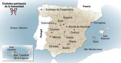 Mapa de las ciudades españolas patrimonio mundial.