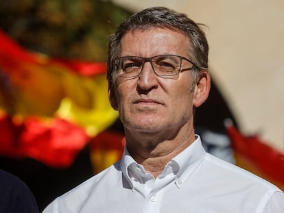 Alberto Núñez Feijóo, el domingo pasado, durante un acto del PP contra la amnistía en Valencia.