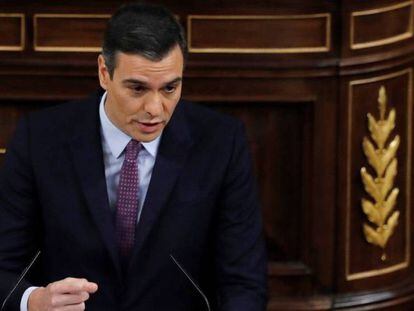 El presidente del Gobierno en funciones, Pedro Sánchez, durante su intervención. En vídeo, resumen del discurso de Sánchez.