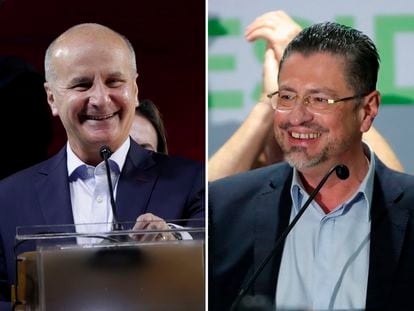 Los candidatos a la presidencia de Costa Rica: José María Figueres (izquierda) y Rodrigo Chaves, celebran su paso a la segunda vuelta electoral