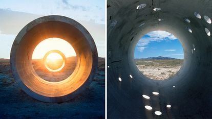Dos de los 'Sun Tunnels' (1973-76), la instalación de Nancy Holt en el desierto de Utah que encapsulaba el sol al amanecer y en el atardecer.