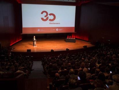 Victoria Camps durante su discurso en la celebración del 30 aniversario de la AECID en Madrid.
