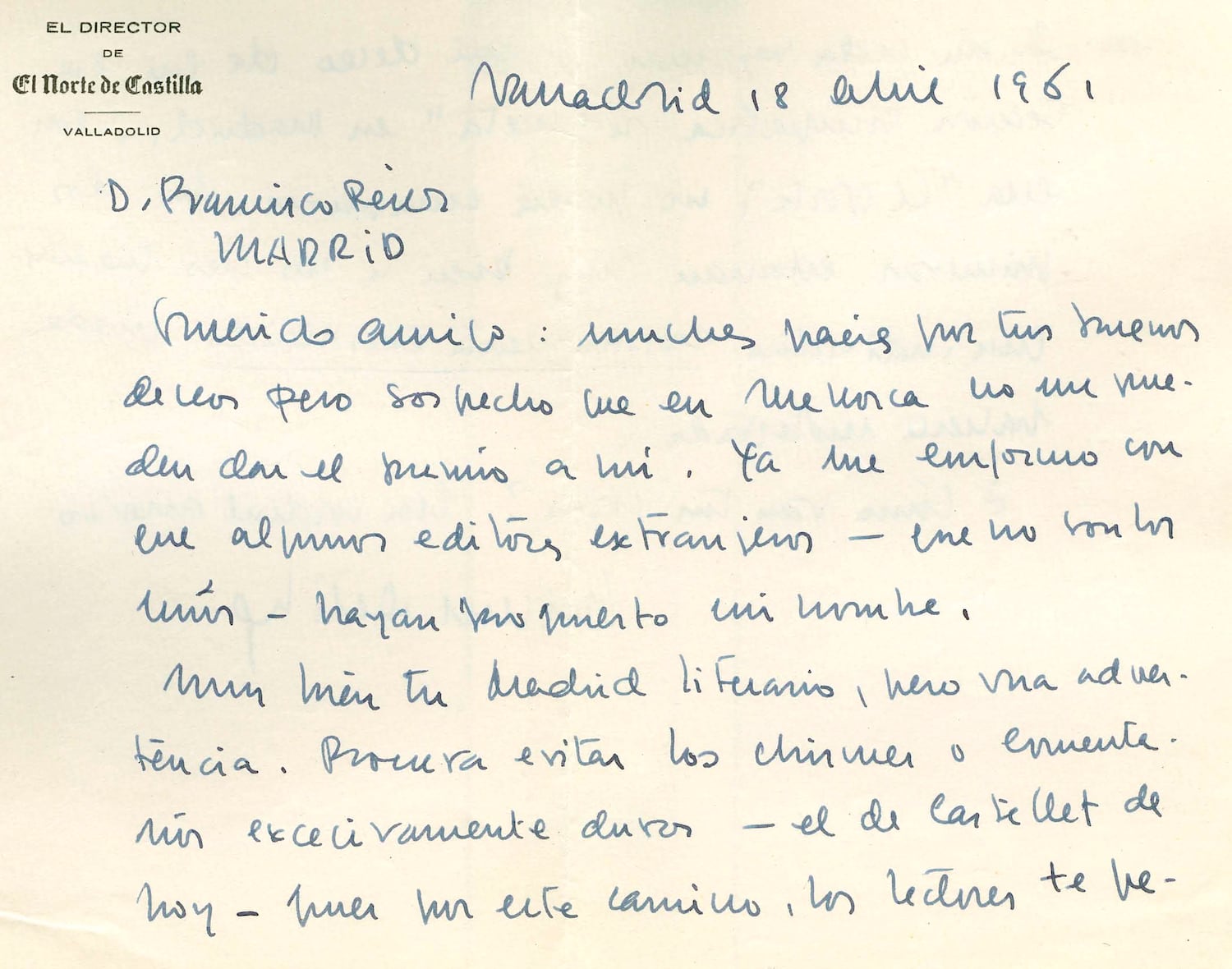 Carta inédita de Delibes de 1961.