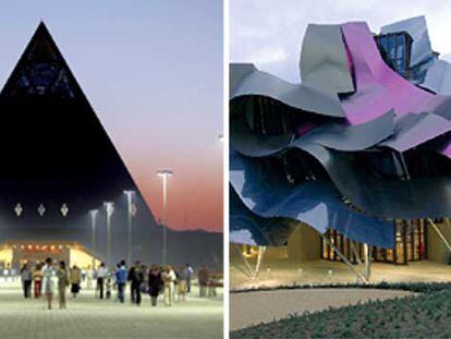 Pirámide de Norman Foster en Kazajistán (izquierda) y hotel en las bodegas Marqués de Riscal, de Frank Gehry, en La Rioja alavesa.