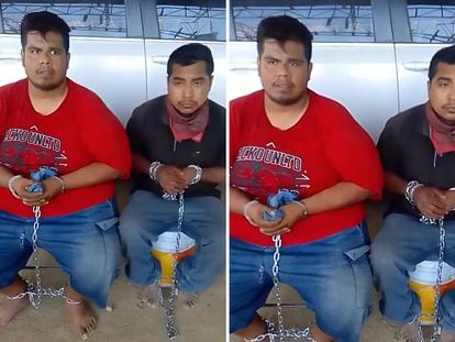 Dos momentos del video difundido en redes sociales de los administradores del portal 'Escenario Calentano', Fernando Moreno y Alan García, encadenados de pies y manos.