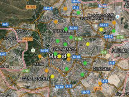 Mapa de Madrid en el que los puntos en naranja significan calidad del aire "deficiente".
