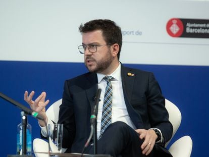 El presidente de la Generalitat, Pere Aragonès, en un momento de la jornada inaugural de la Reunió Cercle d’Economia. / David Zorrakino (Europa Press)