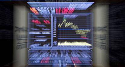 Panel informativo de la Bolsa de Madrid que muestra la evolución del principal indicador de la Bolsa española,