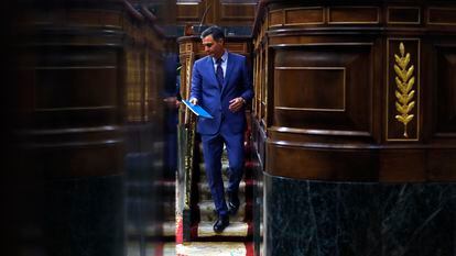 El presidente del Gobierno, Pedro Sánchez, tras intervenir en el pleno monográfico sobre caso 'Pegasus' en la Cámara baja.