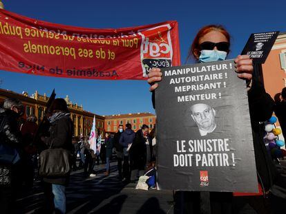 Protesta de los profesores franceses durante la huelga de este jueves, en Niza.