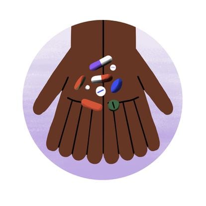 Illustration of hands with medicines and pills