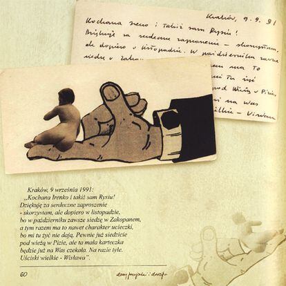 Anverso con <i>collage</i> y reverso escrito por la poeta polaca en septiembre de 1991. Szymborska suele utilizar sus montajes como tarjetas postales. Su poema <i>Retrato de mujer</i>, que podría leerse como cara B de esta imagen, se ha convertido en todo un clásico de la poesía contemporánea universal.