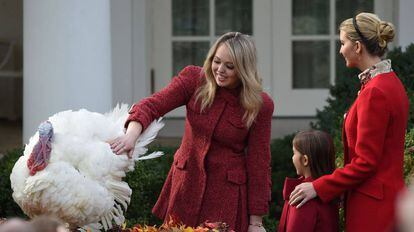 Tiffany Trump e Ivanka con su hija Arabella Rose, junto al pavo indulstado 'Drumstick', en los jardines de la Casa Blanca.