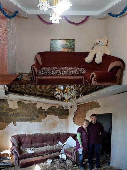 Interior del salón de la casa de Viktor Korotkiy (45) y Anna (42), en la localidad de Kamianka, antes y después de la ocupación rusa.