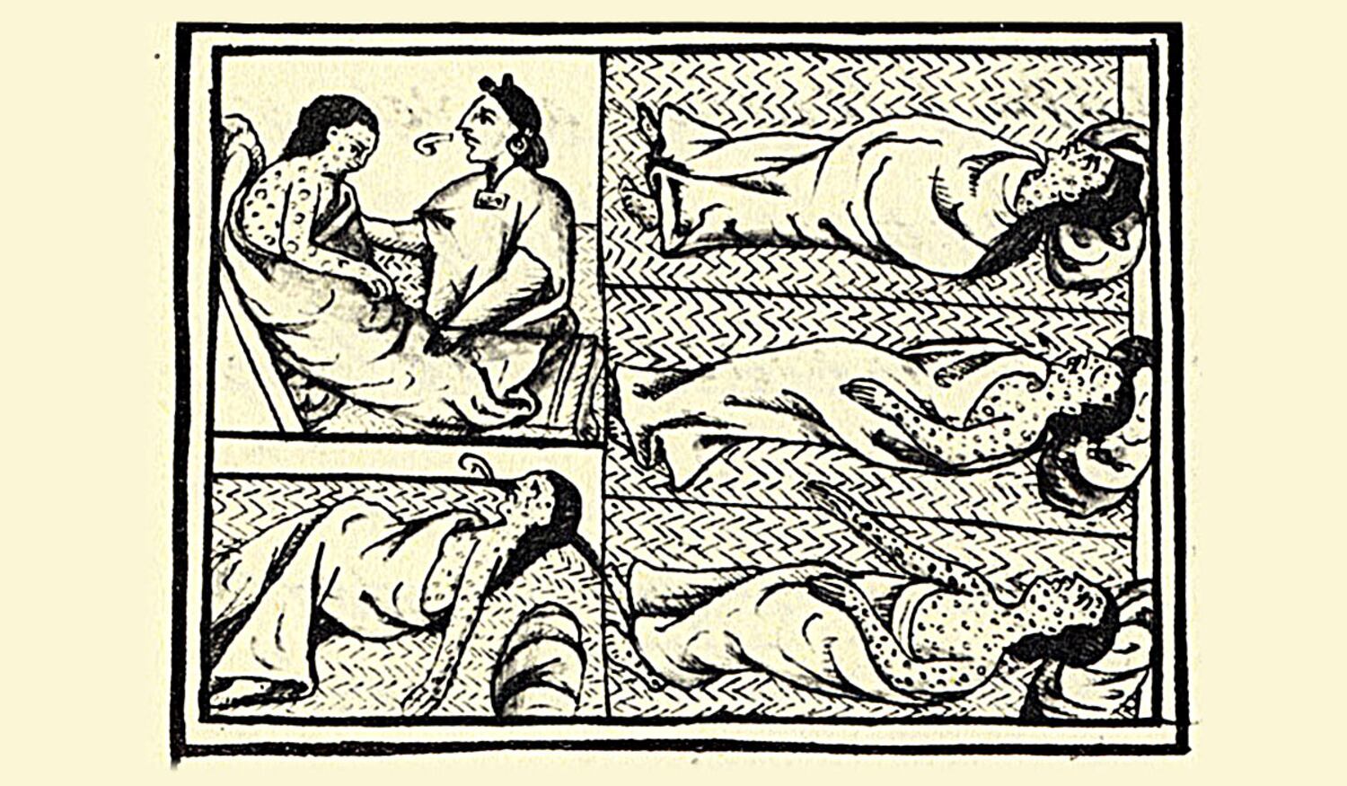 Enfermos de viruela o hueyzáhuatl durante el sitio a Tenochtitlan. Códice Florentino, lib. XII, f. 53v