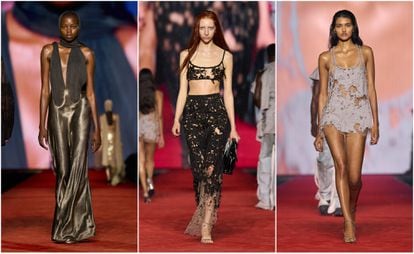 Three of the proposals for the next season of the Diesel collection, during its parade on September 20, 2023 at Milan fashion week.