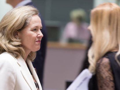 La ministra Nadia Calviño, en el consejo de ministros de Finanzas, en Bruselas.