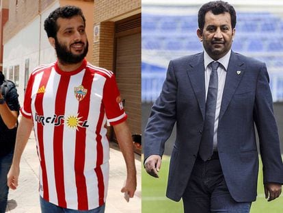Al Sheik, con la camiseta del Almería tras comprar el club el viernes. A la derecha, Al Thani en La Rosaleda.