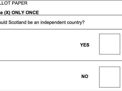 La papeleta de votación del referéndum por la independencia de Escocia.