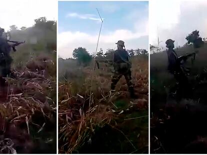Capturas de pantalla de videos que circulan por redes de un enfrentamiento entre disidencias de las FARC y la guerrilla del ELN, en Arauca.