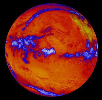 La Tierra refleja parcialmente el calor recibido del Sol, como muestra este mapa de la radiación térmica de la atmósfera superior de la Tierra, captada por el satélite <i>Terra</i>.