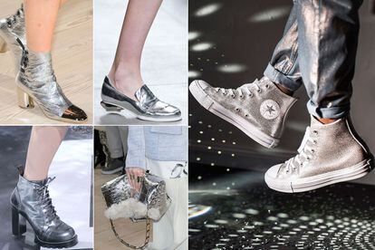 El acabado metalizado (también) es protagonista absoluto de zapatos, bolso y accesorios.