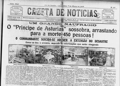 Portada del diario brasileño 'Gazeta de noticias' del 7 de marzo de 1916, en la que se puede leer el titular: "El 'Príncipe de Asturias' se hunde y arrastra a la muerte a 450 personas".