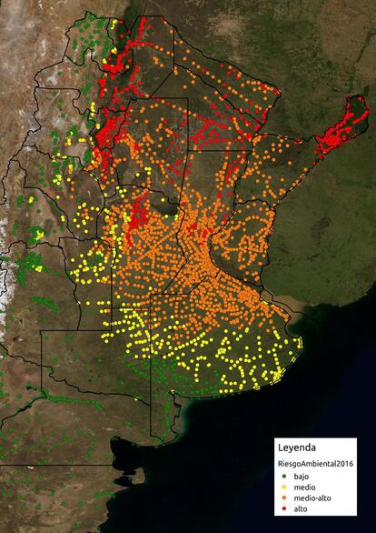 Fotograf&iacute;a de la Comisi&oacute;n de Actividades Espaciales de Argentina del pasado d&iacute;a 19 que muestra el mapa de riesgo ambiental de dengue.