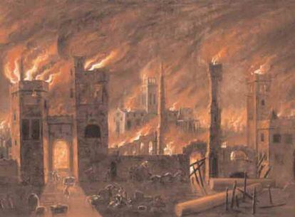 Cuadro que recuerda el Gran Incendio de Londres, 1666.