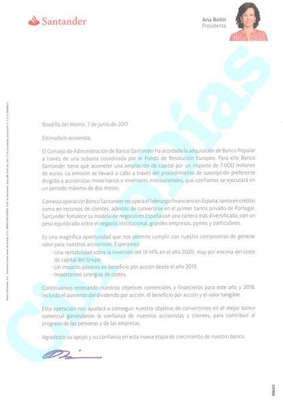 La carta que ha remitido Ana Botín a sus accionistas.