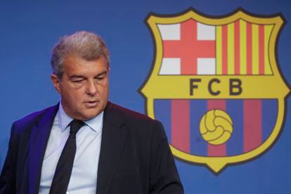 El presidente del Barcelona, Joan Laporta, durante la presentación de la financiación para ejecutar las obras del Espai Barça.