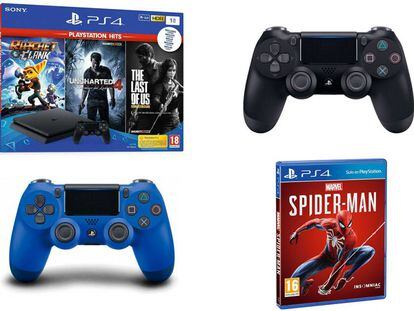 Arriba a la izquierda: PS4 de 1 TB y 3 juegos: 'Ratchet & Clank', 'Uncharted 4' y 'The Last of US'; abajo, mando DualShock 4 y a la derecha, el videojuego 'Marvel's Spider-man'.