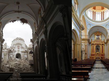 La iglesia de Santiago, en Lorca (Murcia), tras el terremoto y después de la restauración.