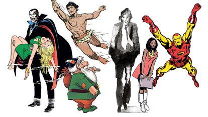 De izquierda a derecha, Drácula (Panini), Bermudillo (Dolmen), Tarzán (Yermo), 'Informe sobre ciegos' (Yermo), Friday Foster (Norma) y Iron Man (Marvel/Panini).  