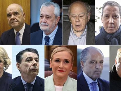 De izquierda a derecha y de arriba a abajo: Manuel Chaves, José Antonio Griñán, Jordi Pujol, Eduardo Zaplana, Esperanza Aguirre, Ignacio González, Cristina Cifuentes, Francisco Camps y José Luis Olivas.