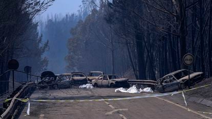 Cuerpos de víctimas del incendio de Pedrógão Grande, en junio de 2017, junto a los coches calcinados en los que intentaban huir por la carretera N236-1 de la peor catástrofe forestal vivida en Portugal.