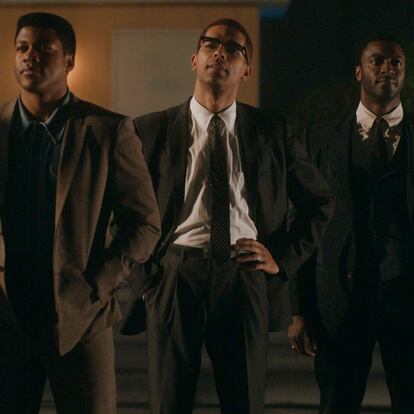 This image released by Amazon Studios shows Leslie Odom Jr., from left, Eli Goree, Kingsley Ben-Adir and Aldis Hodge in a scene from "One Night in Miami." (Amazon Studios via AP)