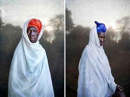 Umbi Salla Touray (izquierda), madre de jefe de aldea y Kanifan Touray, hermana de jefe de aldea (Gambia). 	