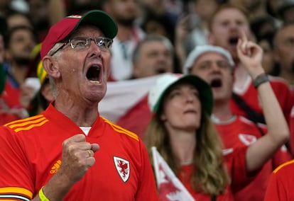 Aficionados de Gales durante el partido entre Inglaterra y Gales. (AP Photo/Thanassis Stavrakis)