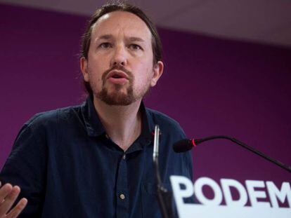 El secretario general de Podemos, Pablo Iglesias en la rueda de prensa posterior a las elecciones del 26M.