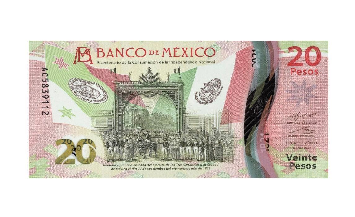 Nuevo billete de 20 pesos de México. 