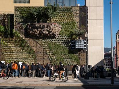 Inauguración del primer bosque vertical con árboles en suspensión y centenares de especies de plantas en la antigua pared del Palacio de la Metalurgia de Montjuïc.